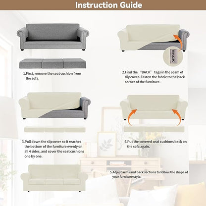 WEERRW 4 Pieces Velvet High Stretch Couch Covers for 3 Cushion Couch Sofa Slipcovers, Washable Furniture Protector with Non Slip Elastic Bottom, Feature Soft and Thick Plush Fabric, Ivory, Large