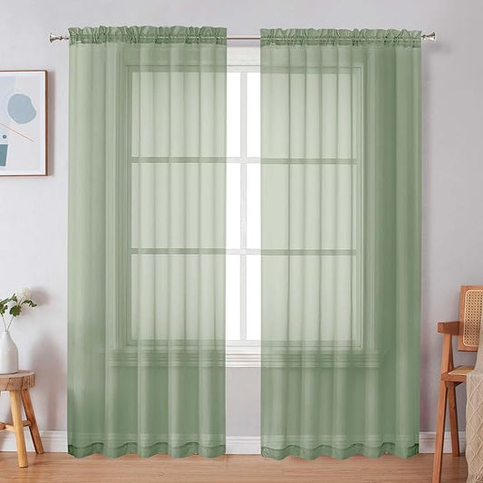 Simplebrand Sage Green Sheer Curtains, 72" Length, 2 Panels Set - Light Filtering, Rod Pocket Window Curtains for Bedroom (Sage Green, 59" W x 72" L)