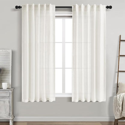 Nanspring Beige White Linen Curtains 63 Inch Length for Living Room Semi Sheer Curtain Back Tab and Rod Pocket Rustic Farmhouse Dector Coastal Room Decor Drapes for Bedroom 40 X 63, 2 Panels