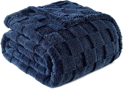 Exclusivo Mezcla Fleece Throw Blanket for Couch,Super Soft and Warm Lightweight Checkered Pattern Blankets for All Seasons, 50x60 Inches, Navy Blue