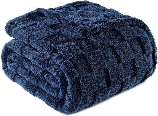 Exclusivo Mezcla Fleece Throw Blanket for Couch,Super Soft and Warm Lightweight Checkered Pattern Blankets for All Seasons, 50x60 Inches, Navy Blue