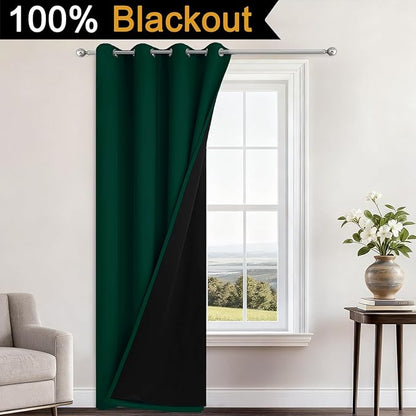 Yakamok 100% Blackout Curtains 96 Inches Long, 2 Thick Layers Heat and Full Light Blocking Soft Thermal Insulated Drapes for Bedroom(52" Wide Each Panel, Green, 1 Panel)