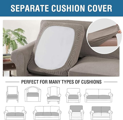 H.VERSAILTEX 4 Piece Stretch Sofa Covers for 3 Cushion Couch Covers for Living Room Furniture Slipcovers (Base Cover Plus 3 Seat Cushion Covers) Thicker Jacquard Fabric (Large Sofa, Taupe)