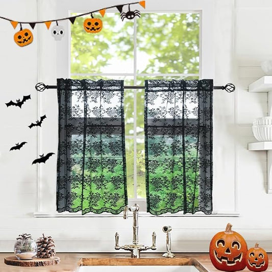 YJ YANJUN Vintage Lace Curtains 36 Inches Length-Gothic Cafe Curtains Short Kitchen Sheer Curtain Panels for Bathroom Spooky Halloween Holiday Party Decor 2 Panels 26 x 36 Inch
