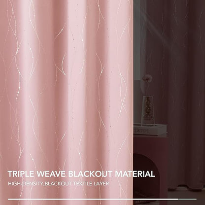 Deconovo Pink Blackout Curtains for Bedroom, Thermal Insulated Soundproof Pravicy Curtain, Silver Wave Dots Print, 42 x 63 Inch Long, Machine Washable Window Panels for Kids Room Nursery, Set of 2