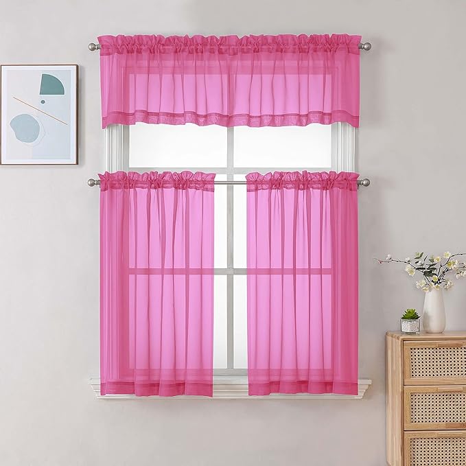 Chyhomenyc Hot Pink Sheer Curtains 30 inch Length 2 Panels, Light Filtering Voile Rod Pocket Short Window Curtians for Bathroom Living Room Farmhouse Small Windows, 42Wx30L inches