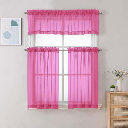 Chyhomenyc Hot Pink Sheer Curtains 30 inch Length 2 Panels, Light Filtering Voile Rod Pocket Short Window Curtians for Bathroom Living Room Farmhouse Small Windows, 42Wx30L inches