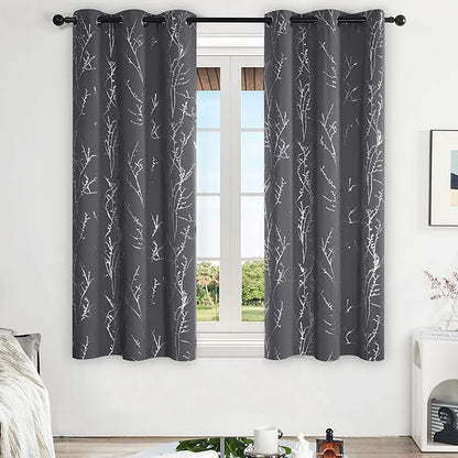 Deconovo Blackout Curtains Grey, Thermal Insulated Soundproof Drapes, Silver Branch Foil Print, 42 x 63 Inch, 2 Panels, Machine‑Washable Privacy Window Panel for Living Room Bedroom Nursery Office