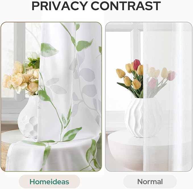 HOMEIDEAS Kitchen Curtains, Short Non-See-Through Privacy 30X24 Inch Length Tier Curtains, Green and White Leaf Floral Print Light Filtering Semi Sheer Small Window Drapes for Bathroom Cafe, 2 Panels