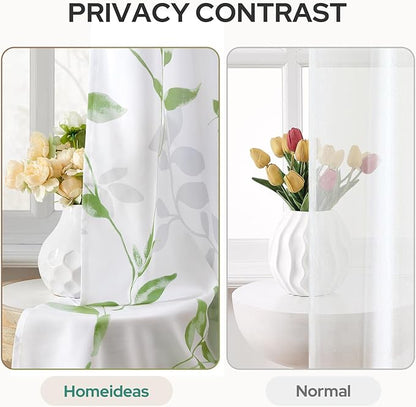 HOMEIDEAS Kitchen Curtains, Short Non-See-Through Privacy 30X24 Inch Length Tier Curtains, Green and White Leaf Floral Print Light Filtering Semi Sheer Small Window Drapes for Bathroom Cafe, 2 Panels