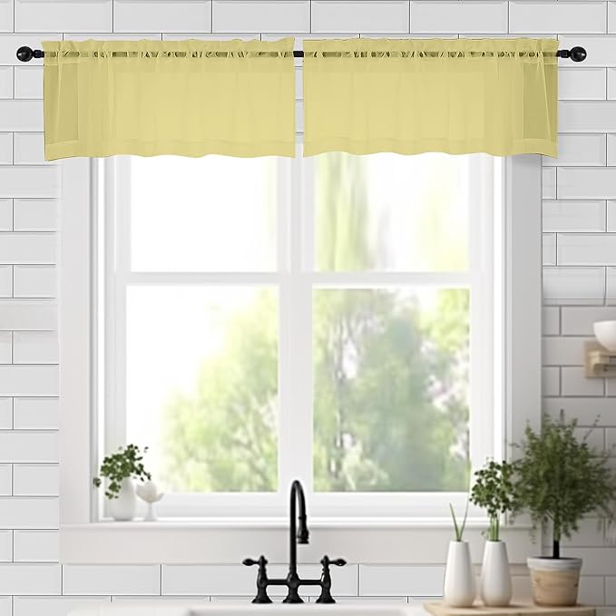 Chyhomenyc Mustard Yellow Sheer Valances for Windows - Light Filtering Small Kitchen Curtains, Short Top Window Treatment Decor for Living Room Bathroom Basement, 42Wx18L inches, 2 Pack