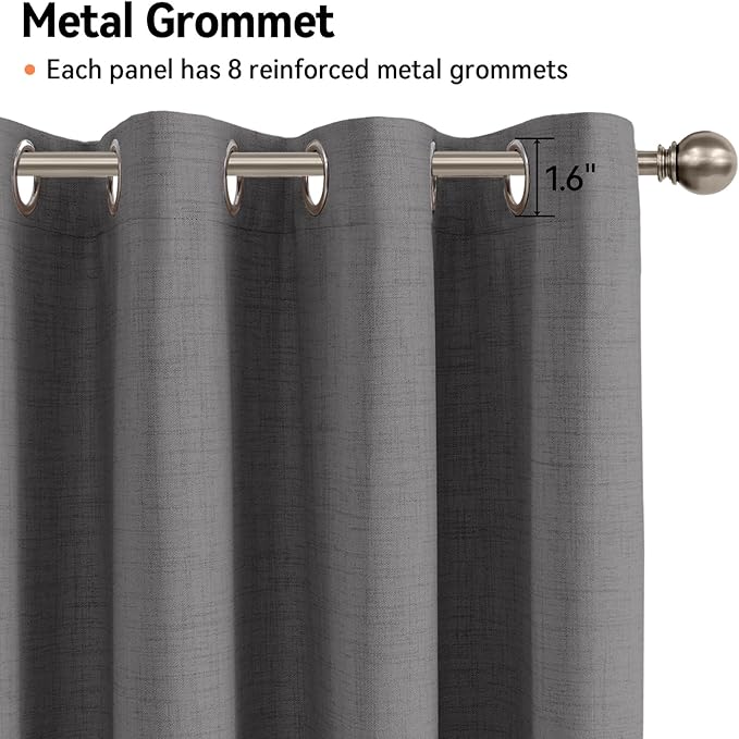 100% Blackout Shield Linen Blackout Curtains for Bedroom, Dark Gray Grommet Curtains for Living Room, Thermal Insulated Room Darkening Drapes for Nursery, Boho Home Decor, 50" W x 102" L, 2 Panels