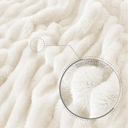 Exclusivo Mezcla Fleece Throw Blanket for Couch, Super Soft Striped Jacquard Bed Blanket, Lightweight Fuzzy Cozy for All Seasons, 50x60 Inches, Ivory