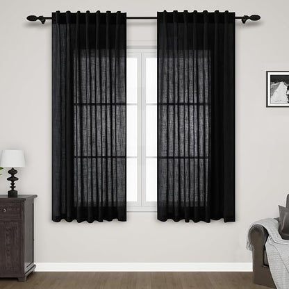 Nanspring Black Sheer Linen Curtains for Bedroom 64 Inches Long 2 Panel Sets See Through Light Filtering Back Tab Rod Pocket Short Linen Drapes for Living Room Kitchen Simple Modern Decor W52xL64