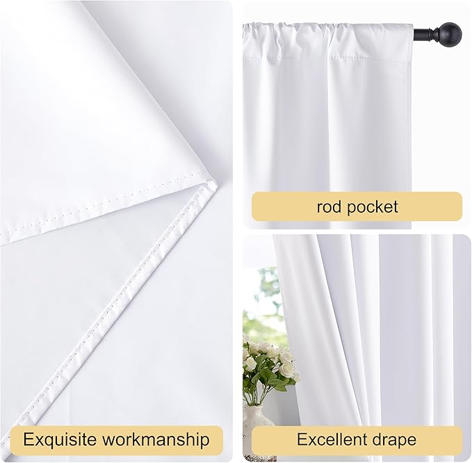 NICETOWN Bedroom 100% Blackout Curtains, 2 Panels, 42 by 36, Snow White, Window Treatment Rod Pocket Curtains/Drapes for Bedroom