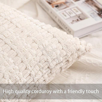 Pack of 2 Corduroy Decorative Throw Pillow Covers 20x20 Inch Soft Striped Pillow Covers Modern Farmhouse Home Decor for Sofa Living Room Couch Bed（White）