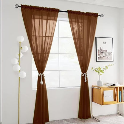 SpaceDresser Brown Sheer Curtains 4 Panels Rod Pocket Semi-Sheer Curtain 72 Inches Long Light Filtering Voile Window Drapes for Bedroom Living Room Kitchen, Each 52W x 72L