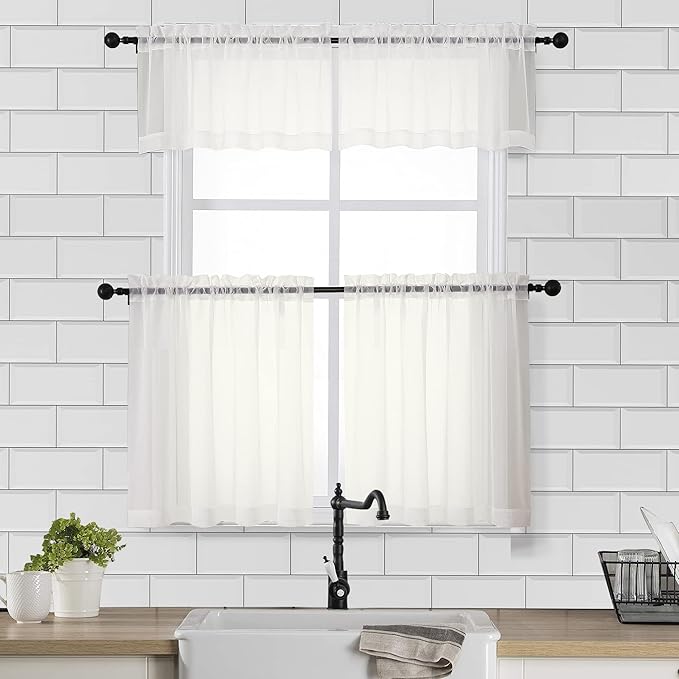 Chyhomenyc Sheer Curtains Tiers 2 Pieces Set, Light Filtering Small Curtains 24 in Length, Short Bathroom Living Room Cafe Basement Voile Window Curtains, Rod Pocket, 42W x 24L Inches, Ivory