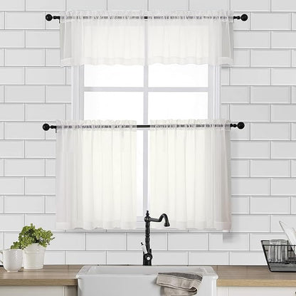 Chyhomenyc Sheer Curtains Tiers 2 Pieces Set, Light Filtering Small Curtains 24 in Length, Short Bathroom Living Room Cafe Basement Voile Window Curtains, Rod Pocket, 42W x 24L Inches, Ivory