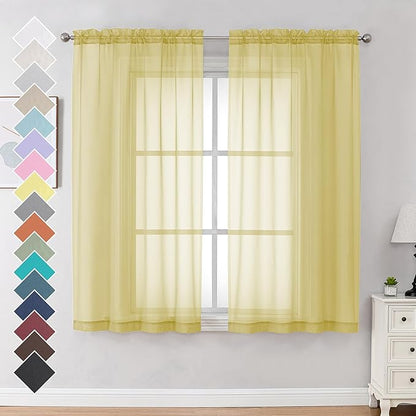 OVZME Mustard Yellow Sheer Curtains 63 Inches Length 2 Panels Rod Pocket Light Weight Soft Curtain Sheers, Voile Drapes for Basement Bathroom Bedroom Living Room, Each is 42W x 63L