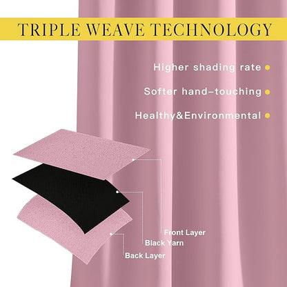 NICETOWN Bedroom Room Darkening Curtains - Triple Weave Grommet Top Thermal Insulated Solid Energy Saving Panels/Drapes for Villa/Hall, Crystal Pink, 1 Pair, 52 inches by 95 Inch