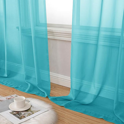 Aiyufeng Turquoise Sheer Curtains 45 Inch Length 2 Panels Set, Light Filtering Airy Rod Pocket Turquoise Window Curtain Treatment Drapes for Kitchen Bedroom Living, Each 42Wx45L Inches