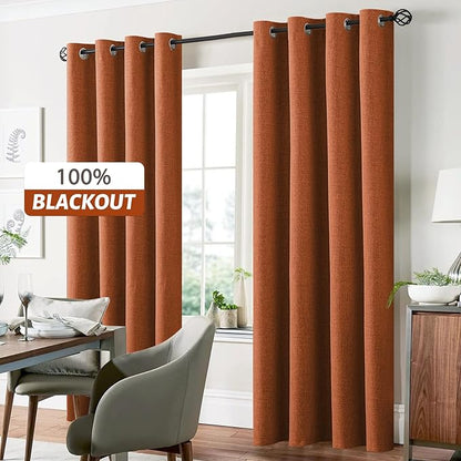 Yakamok Burnt Orange Linen Curtains 100% Blackout 72 Inches Long,Room Darkening Textured Curtains for Living Room Thermal Grommet Bedroom Curtains 2 Panels with White Liner