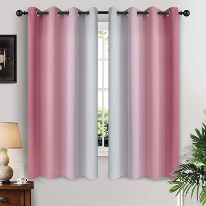 Yakamok 63 Inch Length Ombre Curtains, Thermal Insulated Grommet Window Drapes, Room Darkening Gradient Color Curtains for Girl's Bedroom (Pink and Greyish White, 52x63 Inch, Set of 2)