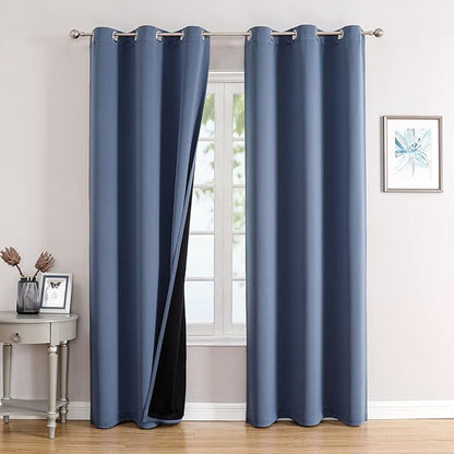 ChrisDowa 100% Blackout Curtains for Bedroom with Black Liner, 2 Thick Layers Total Blackout Thermal Insulated Grommet Window Curtains 2 Panels Set (Stone Blue, 42 x 84 Inch)