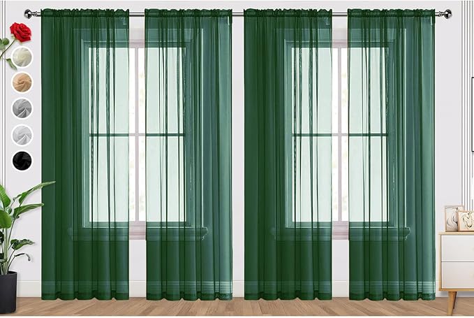 SpaceDresser Foliage Green Sheer Curtains 4 Panels Rod Pocket Semi-Sheer Curtain 63 Inches Long Light Filtering Voile Window Drapes for Bedroom Living Room Kitchen, Each 52W x 63L