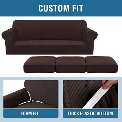 H.VERSAILTEX 4 Piece Stretch Sofa Covers for 3 Cushion Couch Covers for Living Room Furniture Slipcovers (Base Cover Plus 3 Seat Cushion Covers) Upgraded Thicker Jacquard Fabric (XL Sofa, Chocolate)
