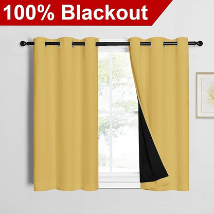 NICETOWN Bright Yellow 100% Blackout Curtains 45 inches Long, Thermal Insulated Full Blackout 2-Layer Lined Curtains, Energy Efficiency Window Draperies for Dining Room (2 Panels, 42-inch W)