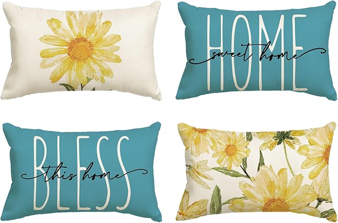 AVOIN colorlife Home Sweet Home Spring Summer Flowers Yellow Throw Pillow Covers, 12 x 20 Inch Blue Cushion Case for Sofa Couch Set of 4
