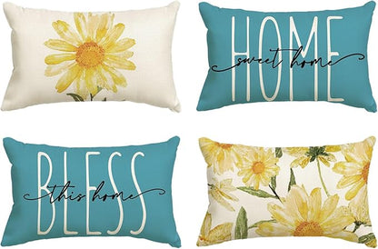 AVOIN colorlife Home Sweet Home Spring Summer Flowers Yellow Throw Pillow Covers, 12 x 20 Inch Blue Cushion Case for Sofa Couch Set of 4