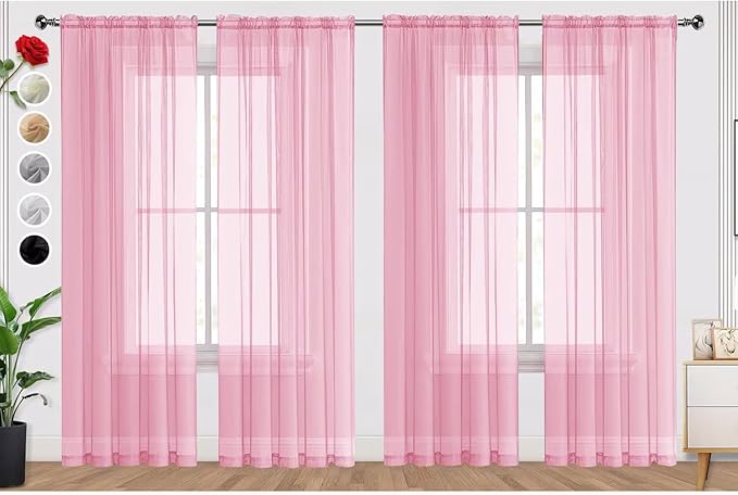 SpaceDresser Sheer Light Pink Curtains 4 Panels Rod Pocket Semi-Sheer Curtain 96 Inches Long Light Filtering Voile Window Drapes for Bedroom Living Room Kitchen, Each 52W x 96L