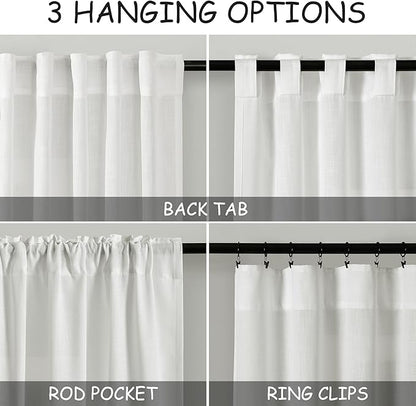 Nanspring Off White Cafe Curtains 54 Inch Length Set 2 Panel Back Tab Pocket Semi Sheer Drapes Short Linen White Curtain Tiers for Small Bathroom Window Basement Kitchen Door 38x54