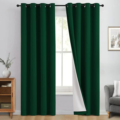 Yakamok 100% Blackout Curtain Panels 84 inches Cold and Light Blocking Drapes for Nursery, 2 Thick Layers Thermal Insulated Draperies (2 Pieces, 50 Wide Each Panel, Dark Green/White Backing)