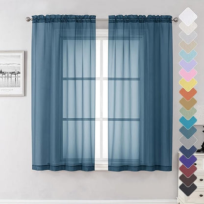 Lecloud Dusty Blue Sheer Curtains 63 Inch Length 2 Panels, Light Filtering Voile Curtain Drapes for Kitchen Bedroom Windows, Dual Rod Pocket Living Room Sheer Curtains, 40 W x 63 L Inches