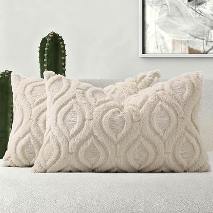 decorUhome Throw Pillow Covers 12x20 Inch Set of 2, Soft Plush Faux Wool Beige Solid Couch Pillow Covers, Accent Farmhouse Neutral Rectangle Pillow Cases for Sofa Bed Living Room