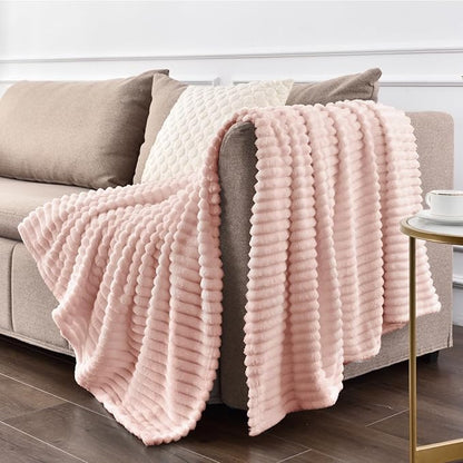 BEDELITE Fleece Throw Blanket for Couch – 3D Ribbed Jacquard Soft and Warm Decorative Fuzzy Blanket – Cozy, Fluffy, Plush Lightweight Light Pink Throw Blankets for Bed, Sofa, 50x60 inches