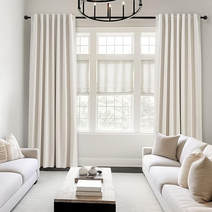 Topfinel 107 Inch Long Farmhouse Linen Blackout Curtains for Bedroom 2 Panel Sets Natural Ivory Birch Linen Texture Thermal Insulated Energy Saving Drapes for Sliding Door (W52 x L107 x2)
