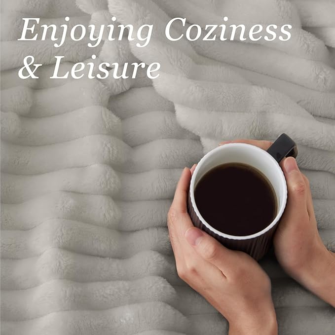 BEDELITE Blankets Queen Size for Bed, 300GSM Soft & Warm Fleece Blanket, Decorative and Giftable Striped Light Grey Blankets for Women, Men, 90"x90"