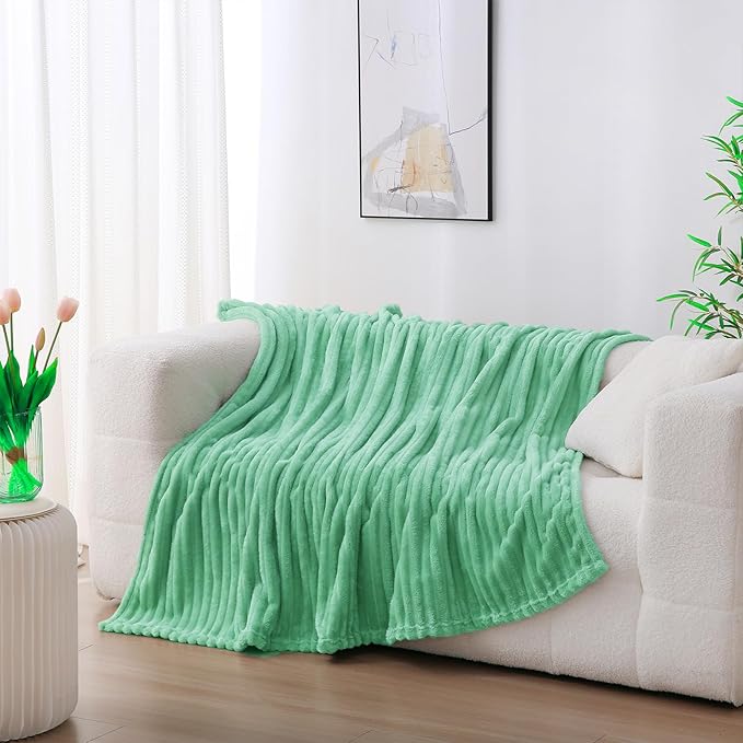 Mint Green Fleece Throw Blanket 50”×60” for Couch Sofa Bed,Super Soft Cozy Plush Microfiber Flannel Blanket with Stripes Design Lightweight for Adults,Woman,Girls