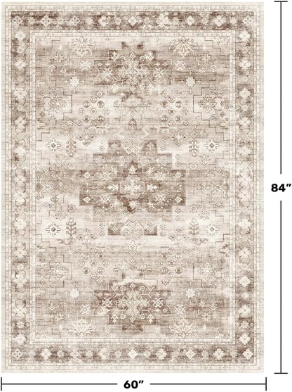 Hazo Haus Washable Neutral Farmhouse Bedroom Rug, 5x7 Area Rugs for Living Room, Nursery Room, Boho Vintage Floral Non-Slip Rug Low Pile Stain Resistant (5x7 Beige/Latte)