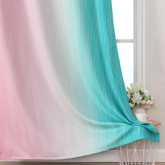 Estelar Textiler Pink and Teal Gradient Blackout Curtains for Bedroom, Thermal Insulated Ombre Drapes 96 Inches Long, Full Light Blocking Energy Saving Curtains for Living Room, 52Wx96L, 2 Panels
