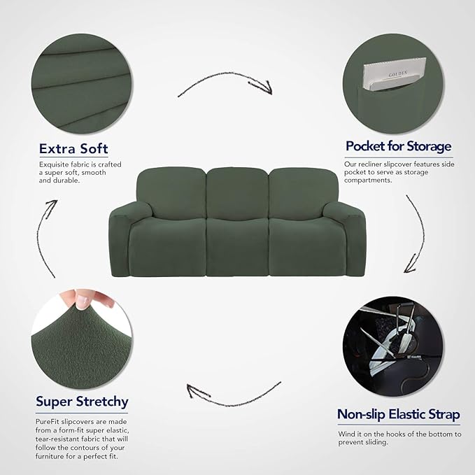 PureFit Super Stretch 3 Seats Recliner Chair Sofa Couch Cover with Pocket – Non Slip Soft Sofa Slipcover, Washable Spandex Reclining Furniture Protector for Kids, Pets (Recliner Sofa, Grayish Green)
