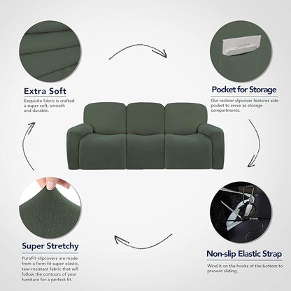 PureFit Super Stretch 3 Seats Recliner Chair Sofa Couch Cover with Pocket – Non Slip Soft Sofa Slipcover, Washable Spandex Reclining Furniture Protector for Kids, Pets (Recliner Sofa, Grayish Green)