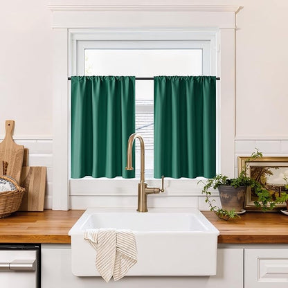 RYB HOME 100% Blackout Bathroom Curtains Over Sink 24 inches Long, Heat & UV Blocking Total Room Darkening Noise Reducing Curtains for Basement RV Campers, Dark Green, 2 Panels Set