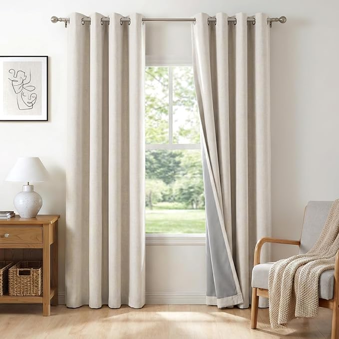 100% Blackout Shield Linen Blackout Curtains for Bedroom, Beige Grommet Curtains for Living Room, Thermal Insulated Room Darkening Drapes for Nursery, Boho Home Decor, 50" W x 90" L, 2 Panels