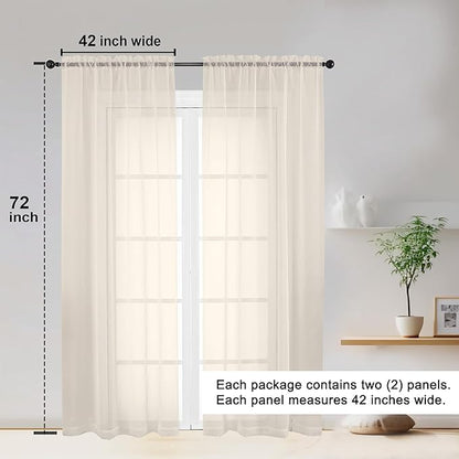 OWENIE Sheer Curtains 72 Inches Long 2 Panels Set, Light Filtering Sheer Curtain Rod Pocket Clear Drapes for Living Room Bedroom Window Sliding Door, Each 42 x 72 Inch, Cream